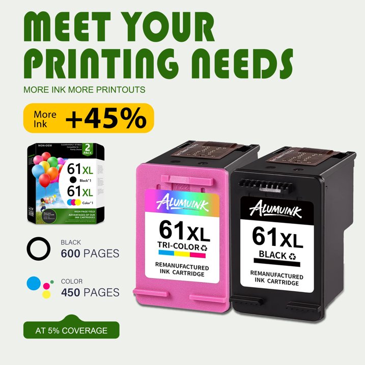 61XL Ink Cartridges Compatible for 61 Ink OfficeJet 2621 4632 ENVY 5530 61 XL Printer Ink 2-pack
