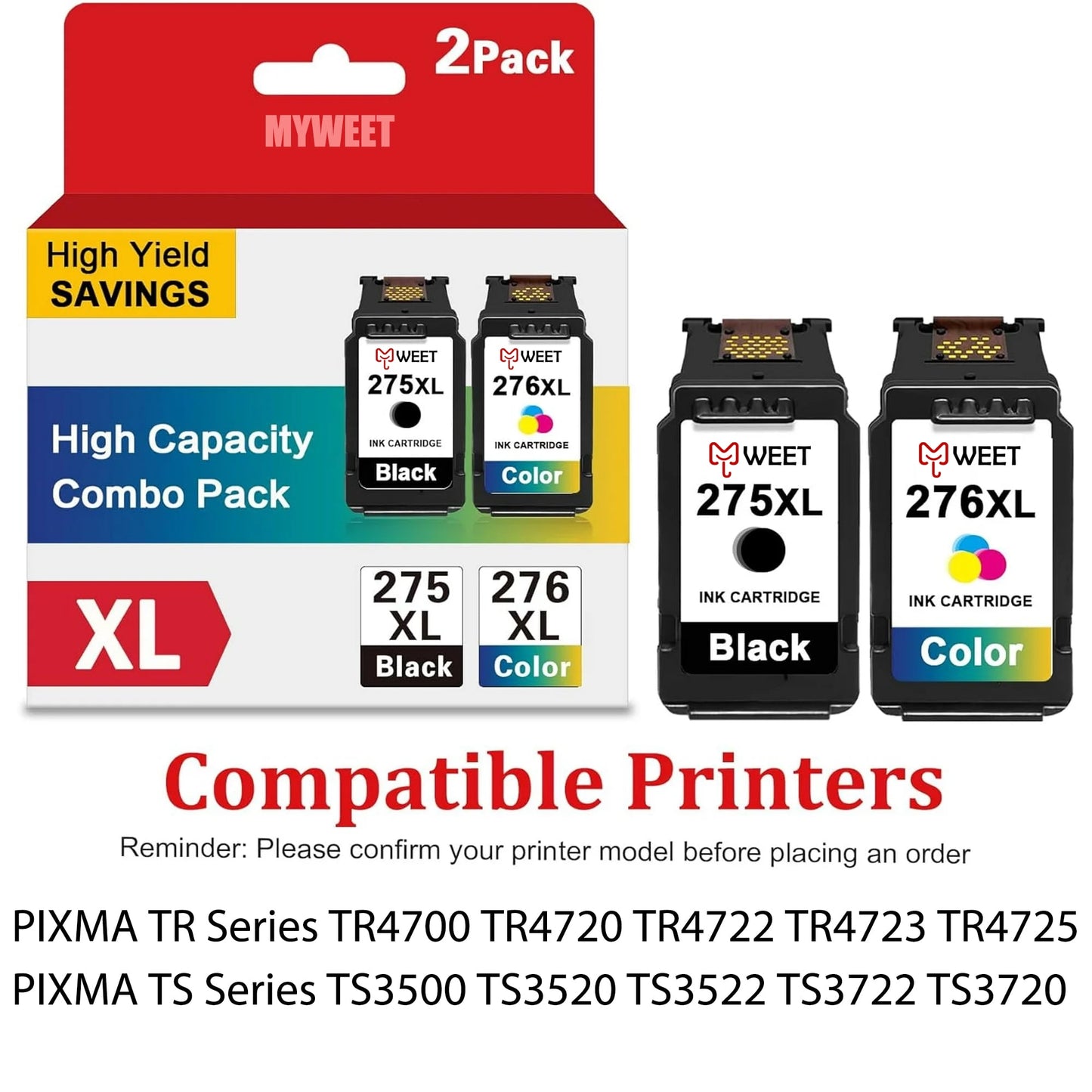 PGI-275XL/CLI-276XL Compatible for Canon 275 276 Ink Cartridge for Canon PIXMA TS3500 TS3522 TR4720 TR4700 TR4722 TS3720 Printer(2 Value Pack , PGBK, Black, Cyan, Magenta,Yellow)
