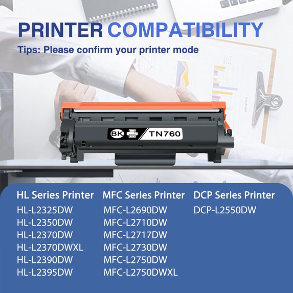 TN760 TN-760 Toner Cartridge 4 Pack ZXTZX Compatible for Brother TN-760 760 Work for DCP-L2550DW HL-L2370DW Printers