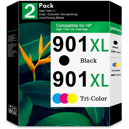 901XL Ink Cartridges 2-Pack Black/Tri-color Compatible for HP 901 Ink Cartridge for Officejet 4500 J4524 J4540 J4550 J4580 J4624 J4680 Printer