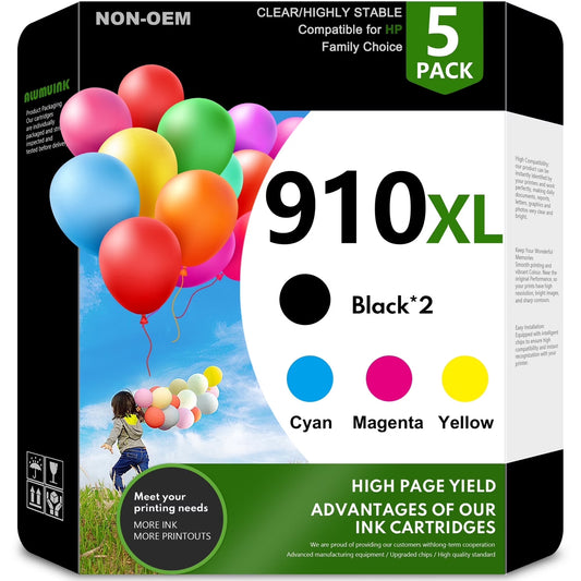 ALUMUINK 910XL Ink Cartridge, High Yield, Compatible with OfficeJet Pro Printers, Black/Cyan/Magenta/Yellow, 5-Pack