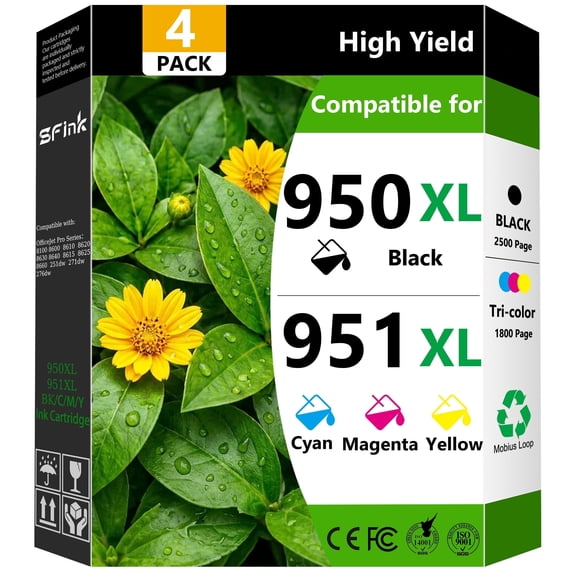 950XL and 951XL Ink Cartridges 4 Pack Compatible for HP950 and 951 XL Ink Cartridges Combo Pack Works with OfficeJet Pro 8600 8610 8620 Printers