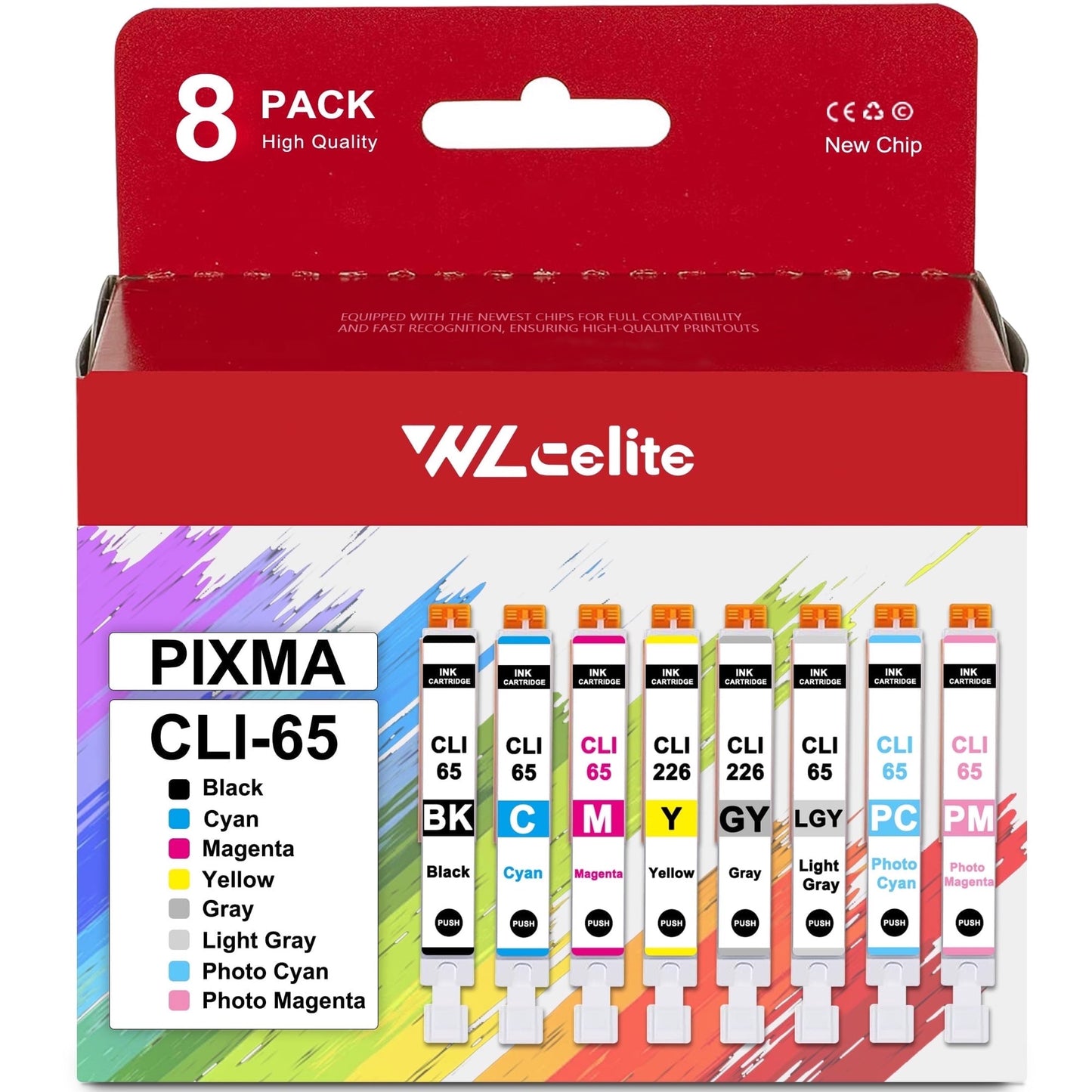 CLI-65 Ink Tank Compatible for Canon CLI 65 Ink PIXMA Tank PRO-200S Printer 8 Pack (1BK, 1C, 1M, 1Y, 1PM, 1PC, 1GY, 1LGY)
