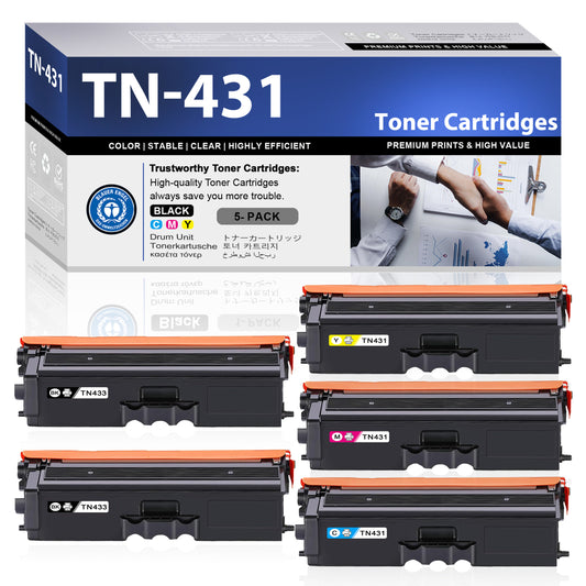 5 Pack TN431 Toner Cartridges ZXTZX Compatibles for Brother TN431 Toner HL-L8260CDW MFC-L8610CDW Series Printers (2*Black 1*Cyan 1*Magenta 1*Yellow)