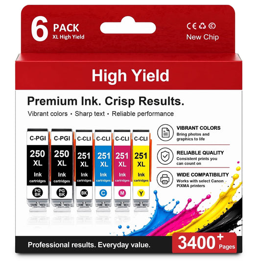 PGI-250XL CLI-251XL Ink Cartridge Compatibles for Canon 250XL 251XL Works with PIXMA MG7520 MG6620 iP8720 Printers(6 Packs)