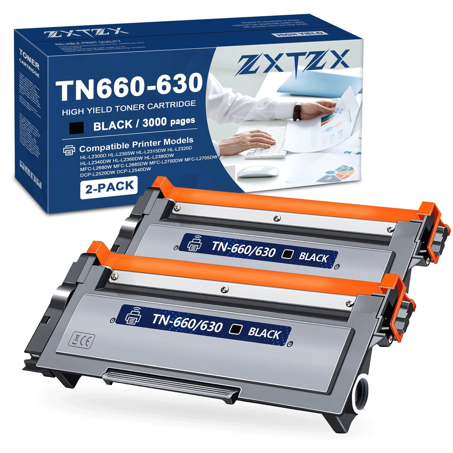 TN-660 TN-630 Toner Black Compatible for Brother TN660 TN630 Toner Cartridges for HL-L2300D HL-L2305W HL-L2320D HL-L2380DW MFC-L2740DW Printer (2 Pack)