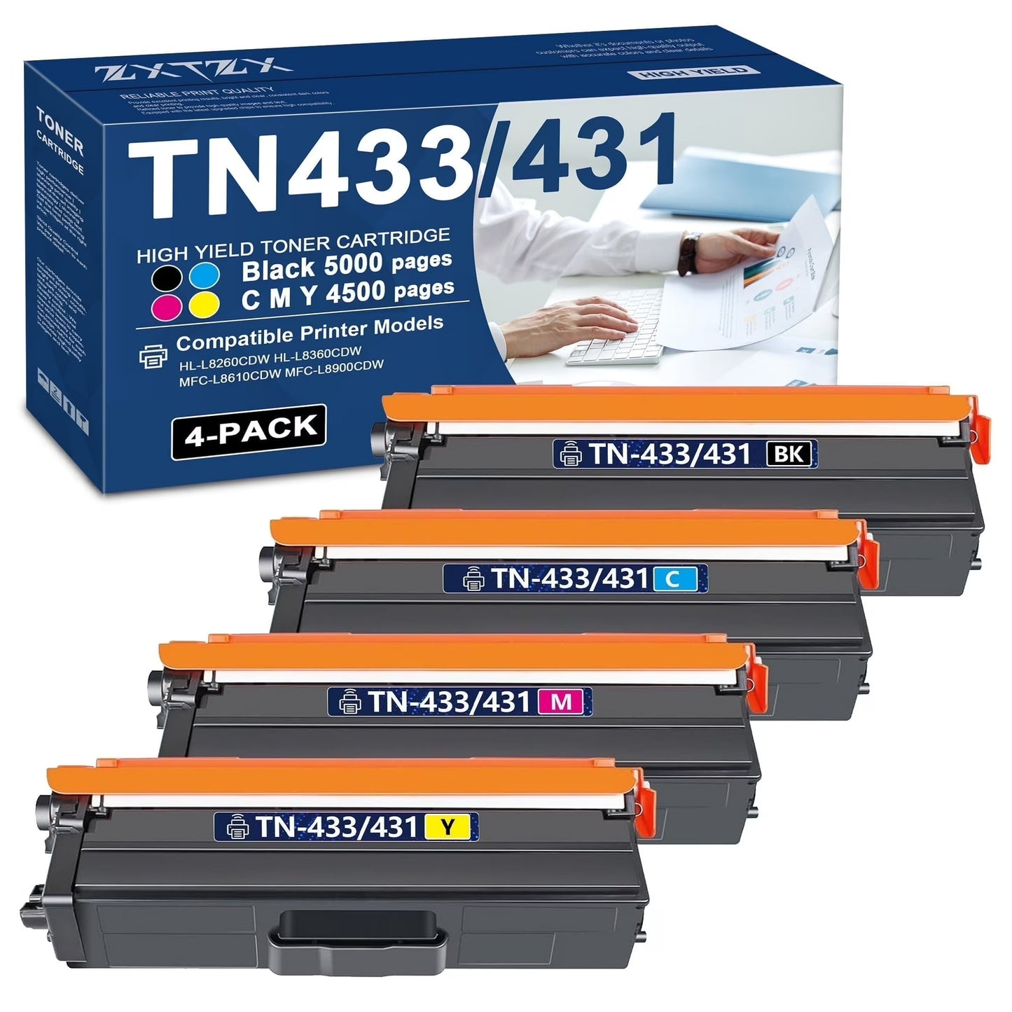 TN433 TN431 Toner Compatible for Brother TN433 Toner TN431 Toner Cartridges for MFC-L8610CDW Printer 4-Pack