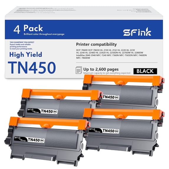 TN450 TN420 Toner Cartridge 4 Pack Black Compatible for Brother TN-450 TN 450 TN-420 TN 420 for MFC-7360N MFC-7860DW HL-2230 Printer High Yield