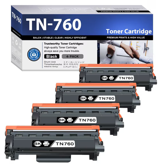 TN760 TN-760 Toner Cartridge 4 Pack ZXTZX Compatible for Brother TN-760 760 Work for DCP-L2550DW HL-L2370DW Printers