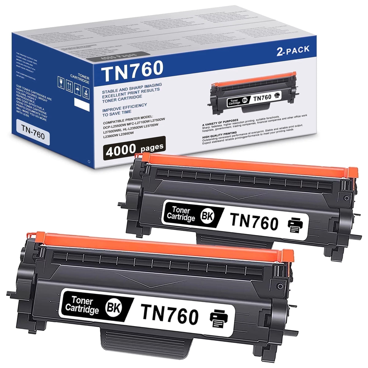 TN760 TN 760 Toner Cartridge Black 2-Pack Compatible for Brother TN760 TN 760 TN-760 TN730 TN 730 Toner for MFC-L2710DW MFC-L2750DW HL-L2370DW HL-L2395DW DCP-L2550DW Printer