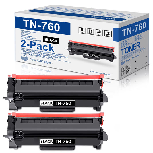 TN760 Toner Cartridge Compatible for Brother TN-760 760 Work for DCP-L2550DW MFC-L2710DW MFC-L2750DW Printer (Black, 2-Pack)