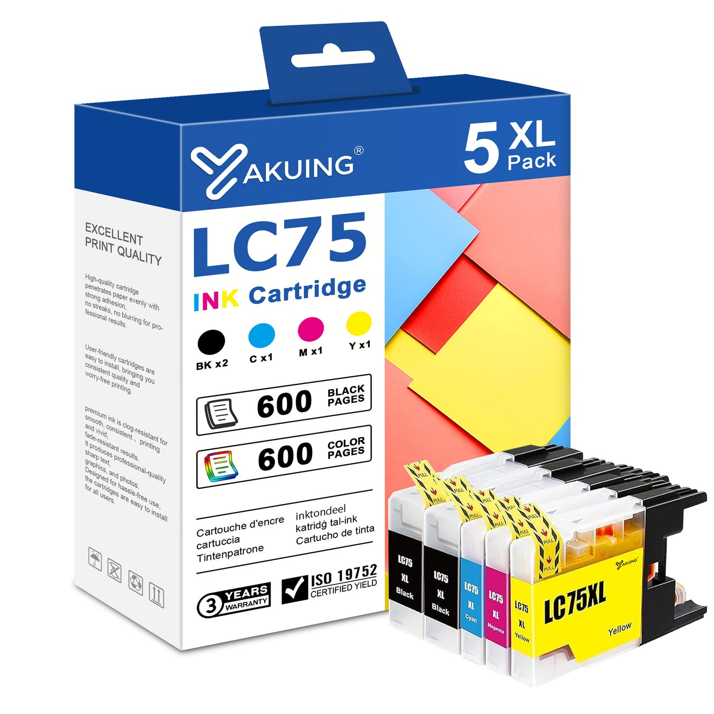 LC 75 LC 75XL Ink Cartridges Compatible for Brother LC 75 LC 75XL Ink Cartridge for MFC-J6510DW / MFC-J6710DW Printer ( 2Black / 1Cyan / 1Magenta / 1Yellow, 5PK )
