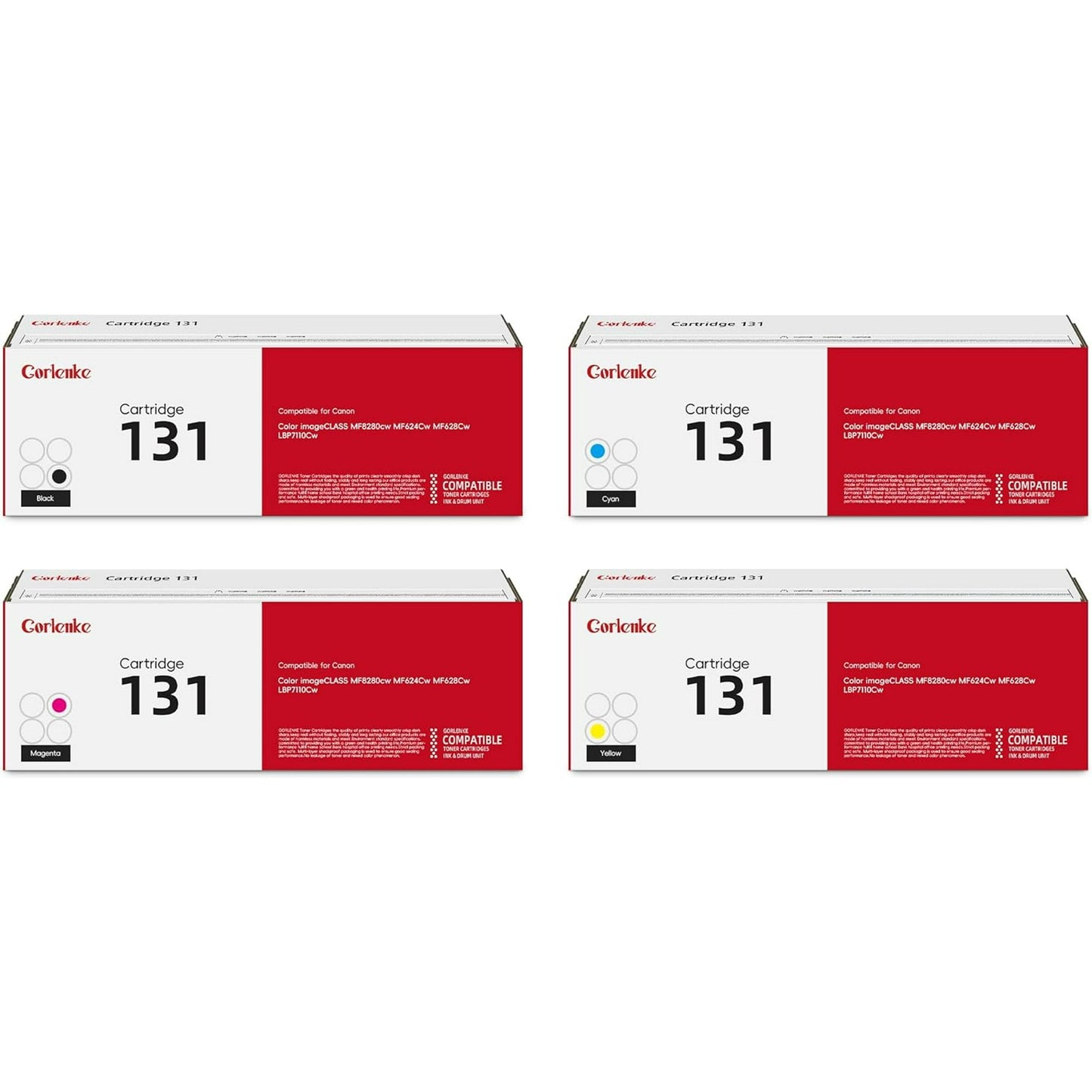 131 Toner Cartridge Bundle CRG-131 (4-Pack, Black, Cyan, Magenta, Yellow) Replacement for Canon Toner Cartridge 131 to use with ImageClass MF8280Cw MF624Cw MF628Cw LBP7110Cw Printer