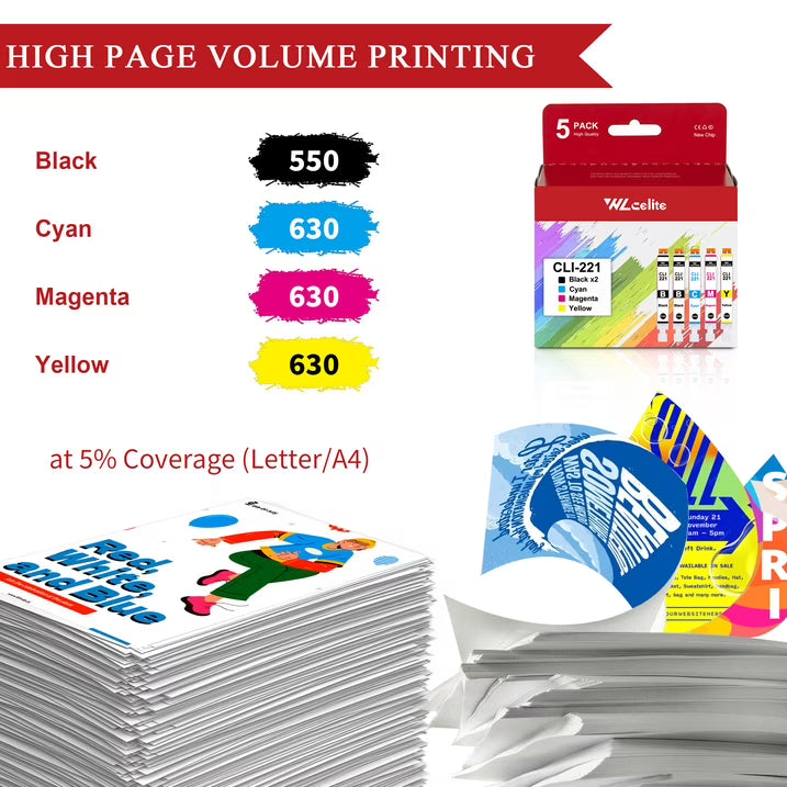 CLI 221 Ink Cartridges Replacement for Canon 221 Ink Cartridge for MP550 MP560 MP620 Printer（ 2*Black 1*Cyan 1*Magenta 1*Yellow）