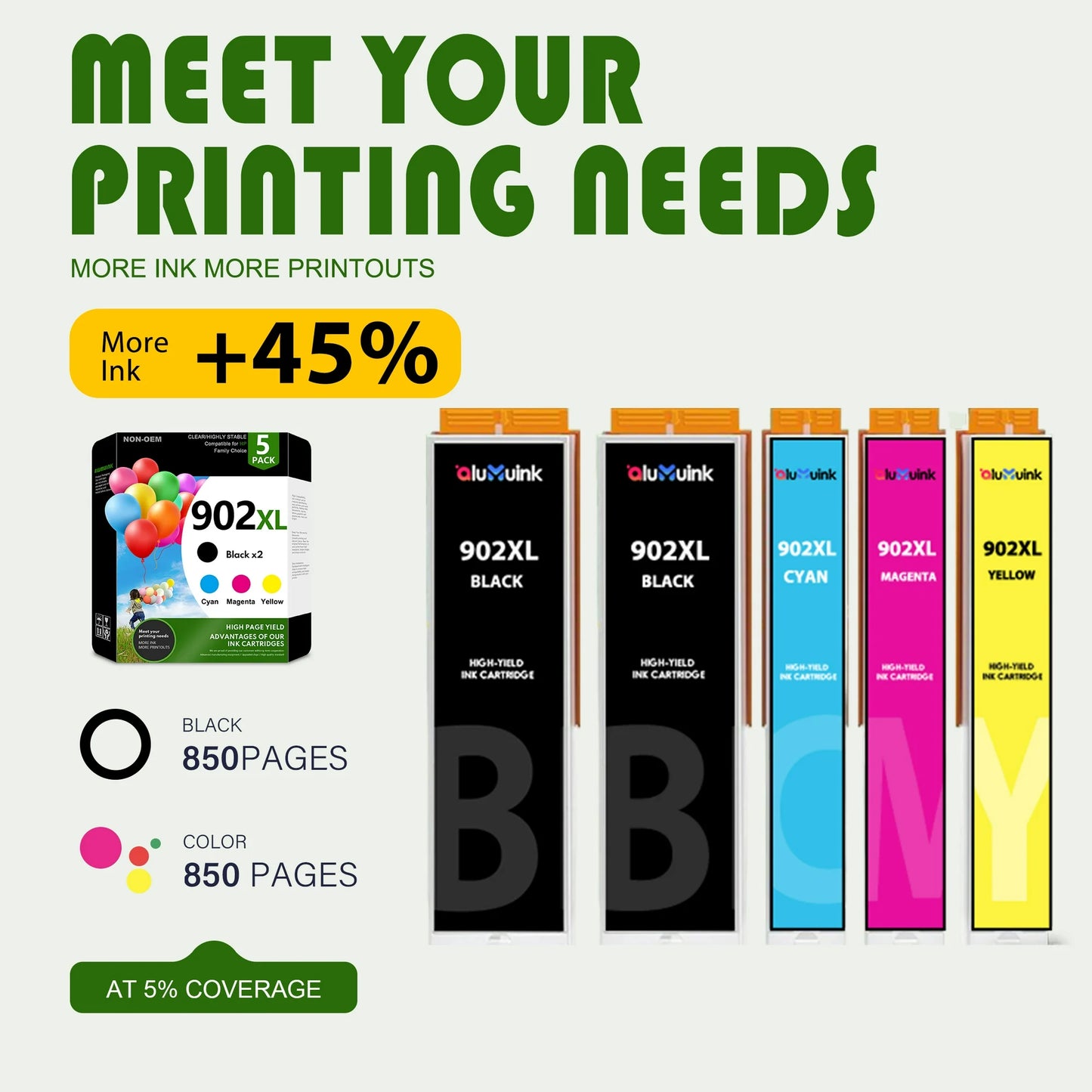 5-Pack 902XL 902 Ink Cartridge Compatible for HP 902XL Ink Cartridge for OfficeJet Pro 6960 6968 (2 Black 1 Cyan 1 Magenta 1 Yellow)