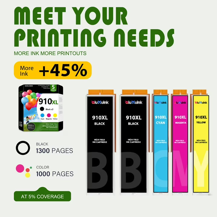 ALUMUINK 910XL Ink Cartridge, High Yield, Compatible with OfficeJet Pro Printers, Black/Cyan/Magenta/Yellow, 5-Pack