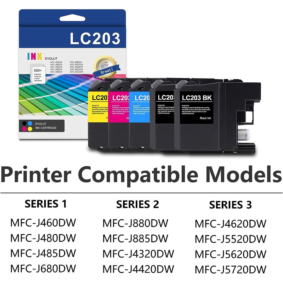 LC203 Ink Cartridges Replacement for Brother LC203 Ink for MFC-J460DW MFC-J480DW Printers (5PK)
