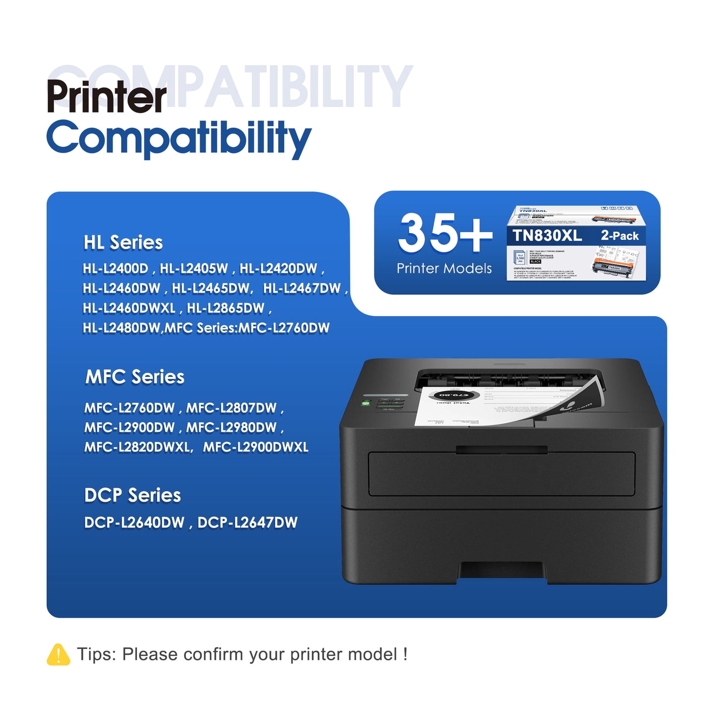 TN830XL 2 Pack Toner Cartridge for TN830XL TN830 High Yield Compatible for Brother DCP-L2640DW HL-L2460DW HL-L2480DW HL-L2400D HL-L2405W MFC-L2820DW Printer （Black）