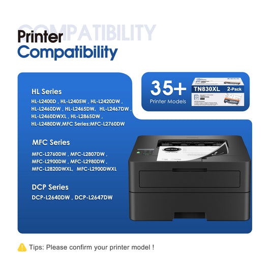TN830XL 2 Pack Toner Cartridge for TN830XL TN830 High Yield Compatible for Brother DCP-L2640DW HL-L2460DW HL-L2480DW HL-L2400D HL-L2405W MFC-L2820DW Printer （Black）