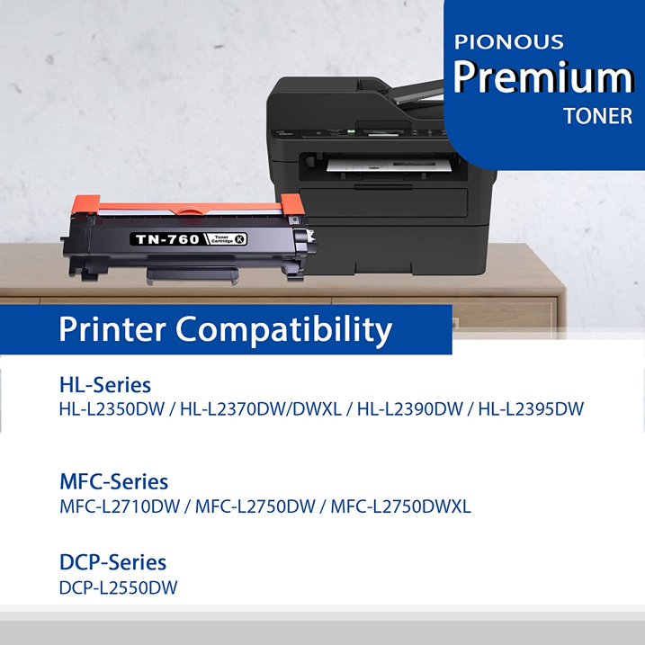 2 Pack TN760 Black Toner Cartridge: Compatible for Brother TN-760 High Yield for HL-L2350DW Printer Ink