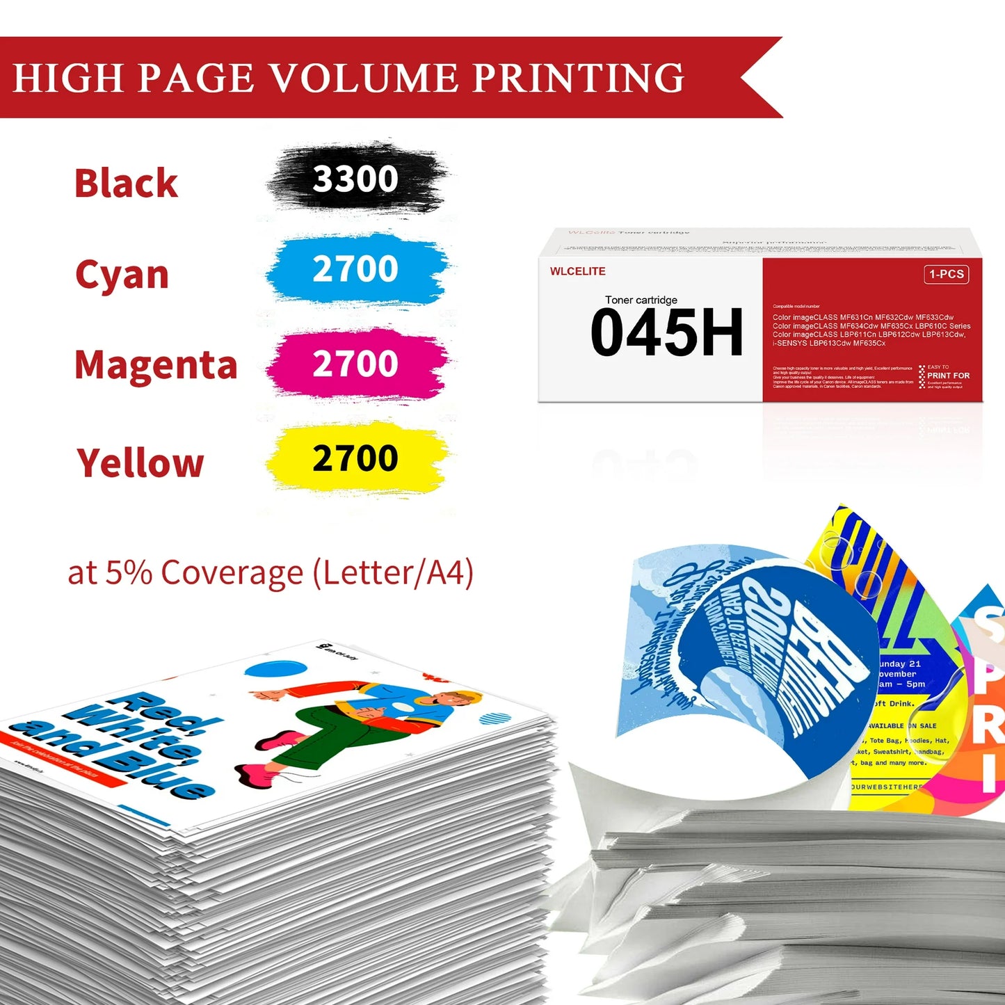 045H Toner Compatible for Canon 045H Toner Cartridge For MF632Cdw LBP612CDW 4 Pack（Black Cyan Magenta Yellow）