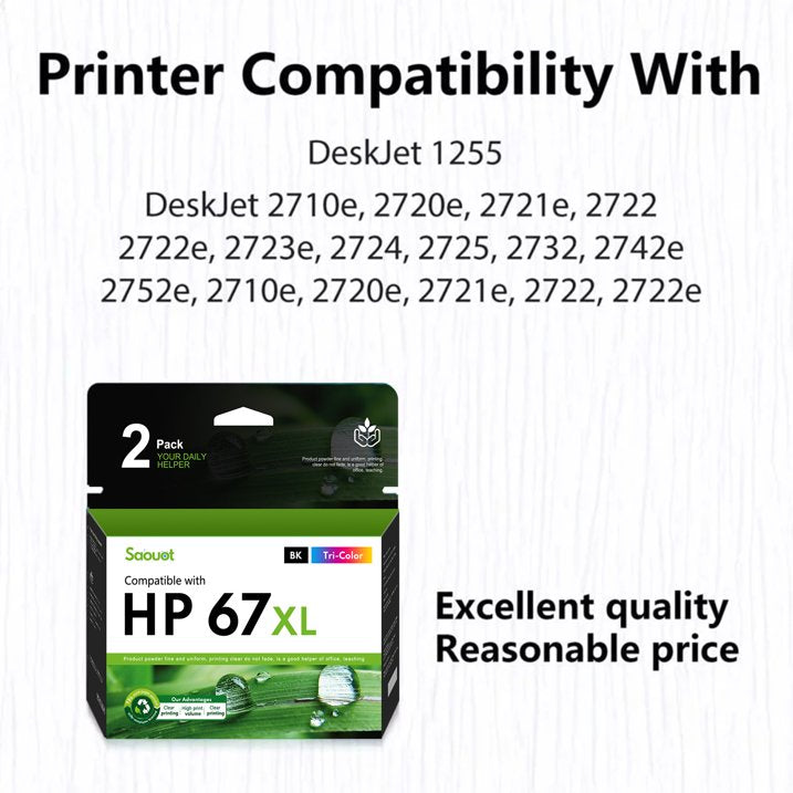 67XL Black & 67XL Tri-color Ink Cartridge Combo Pack of 2, High-yield | Replacement for HP DeskJet 1255, 2700, 4100 Series, ENVY 6000, 6400 Series | 3YP30AN